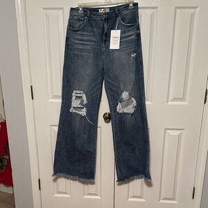 Indigo Distressed Wide Leg Jeans